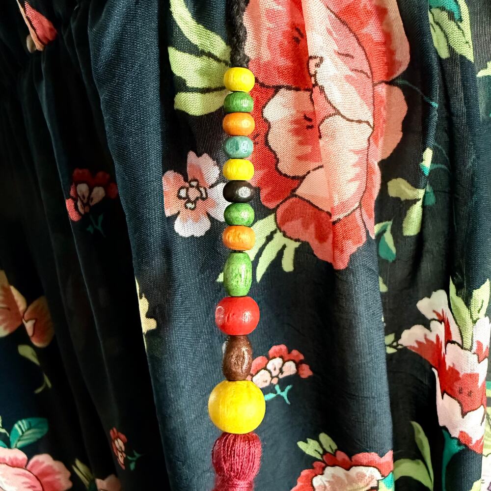 Johnny Was Floral Peasant Blouse Large Boho Tassel Tie Rayon Top Embellished - Picture 9 of 10